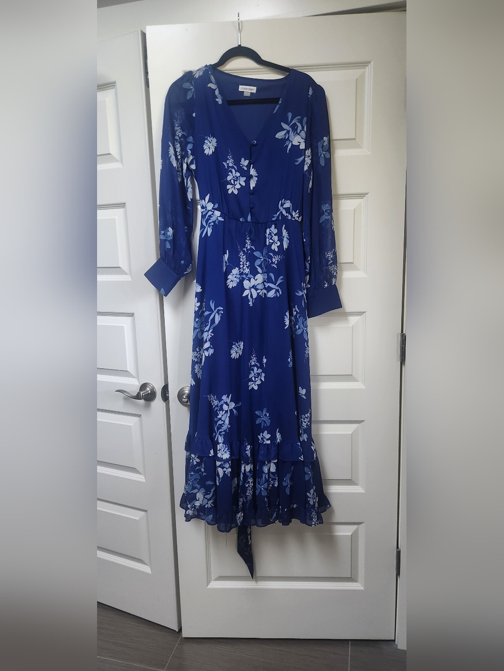 Calvin Klein Royal Blue Floral Long-Sleeve Midi Dress